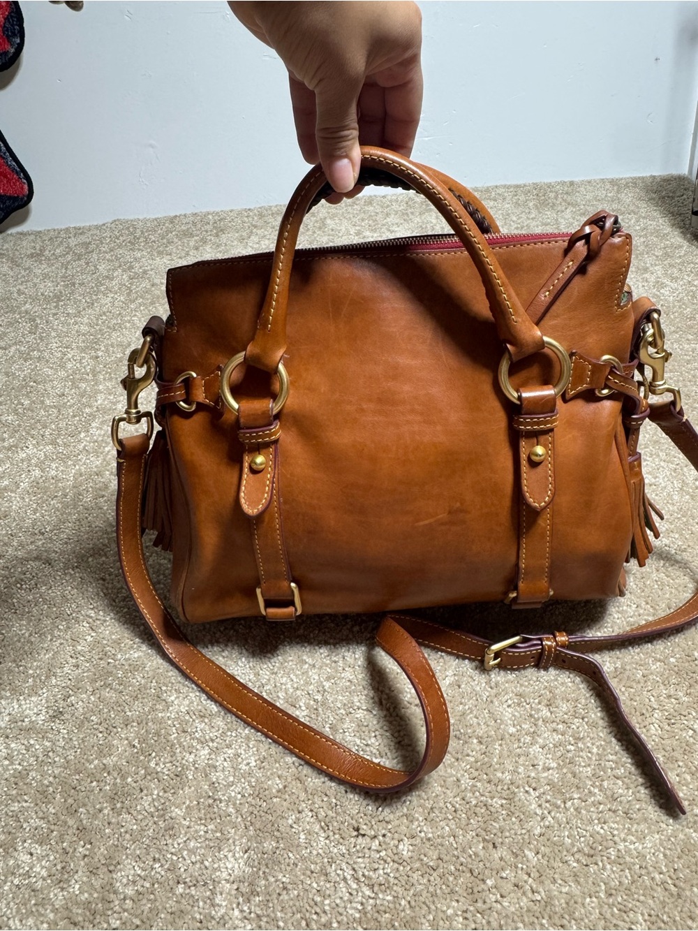 Dooney & Bourke Tan Leather Satchel with Brass Hardware - Picture 3 of 6